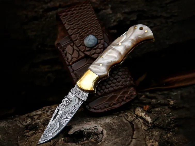 Pearl Shadow Handmade Damascus Steel Pocket Knife with Pearl Shell Handle & Brass Bolster | Hunting Camping Gift | BMK-705