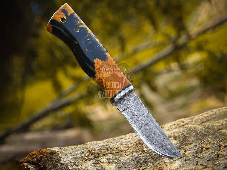 Amber Star Handmade Damascus Steel Skinner Knife | Exotic Olive Wood & Resin Handle | Leather Sheath | Hunting & Camping Gift | BMK-703 - view 4