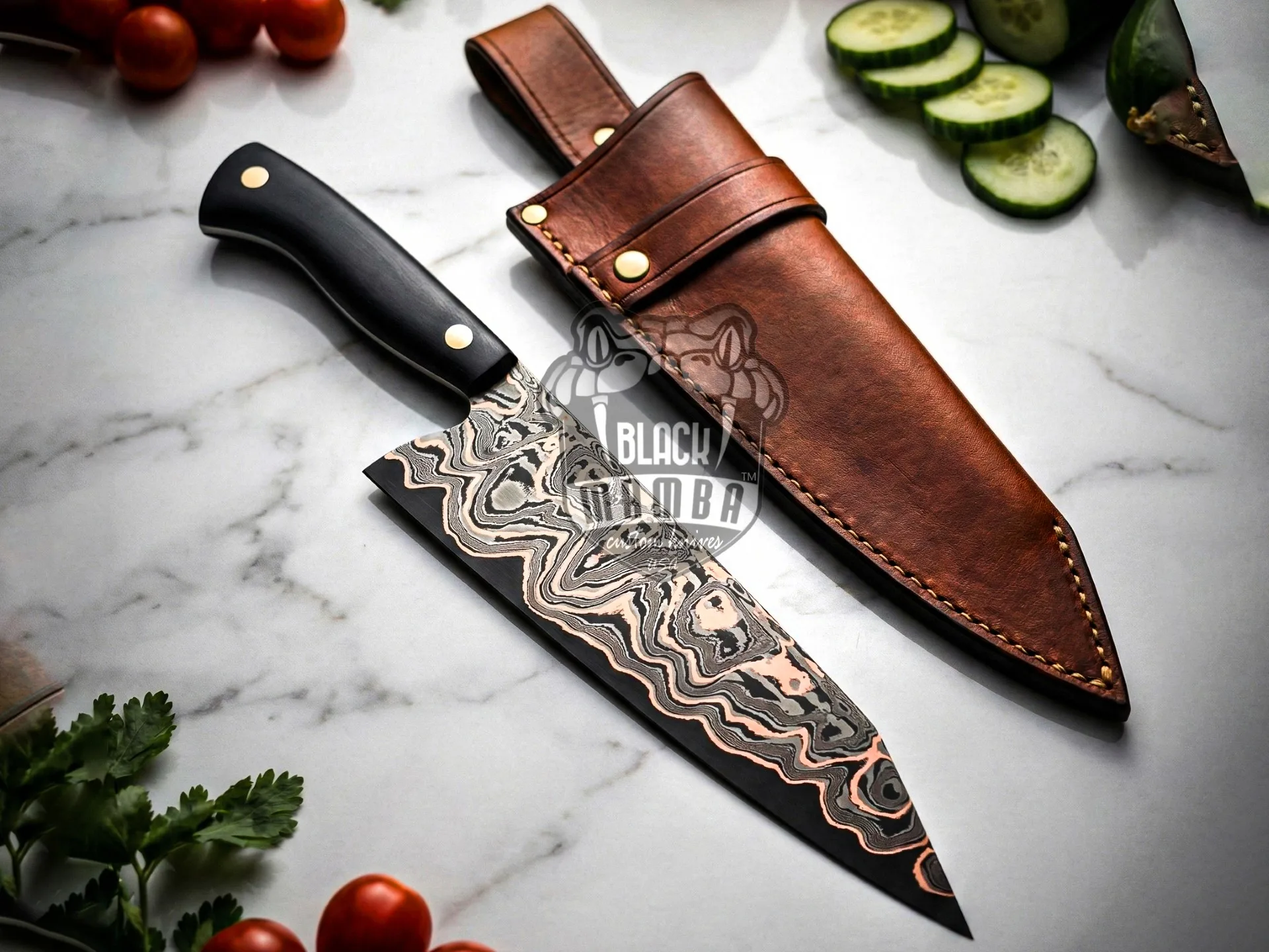 Copper – Damascus Chef Knife, 13″ Overall, Micarta Handle