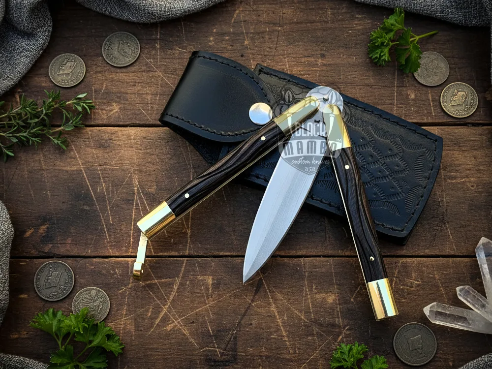 Handmade D2 Steel Balisong Knife | Kamagong Wood & Brass Handle | Premium Butterfly Knife with Leather Sheath | Personalized Gift for Him & Her | BMK-727 - view 3