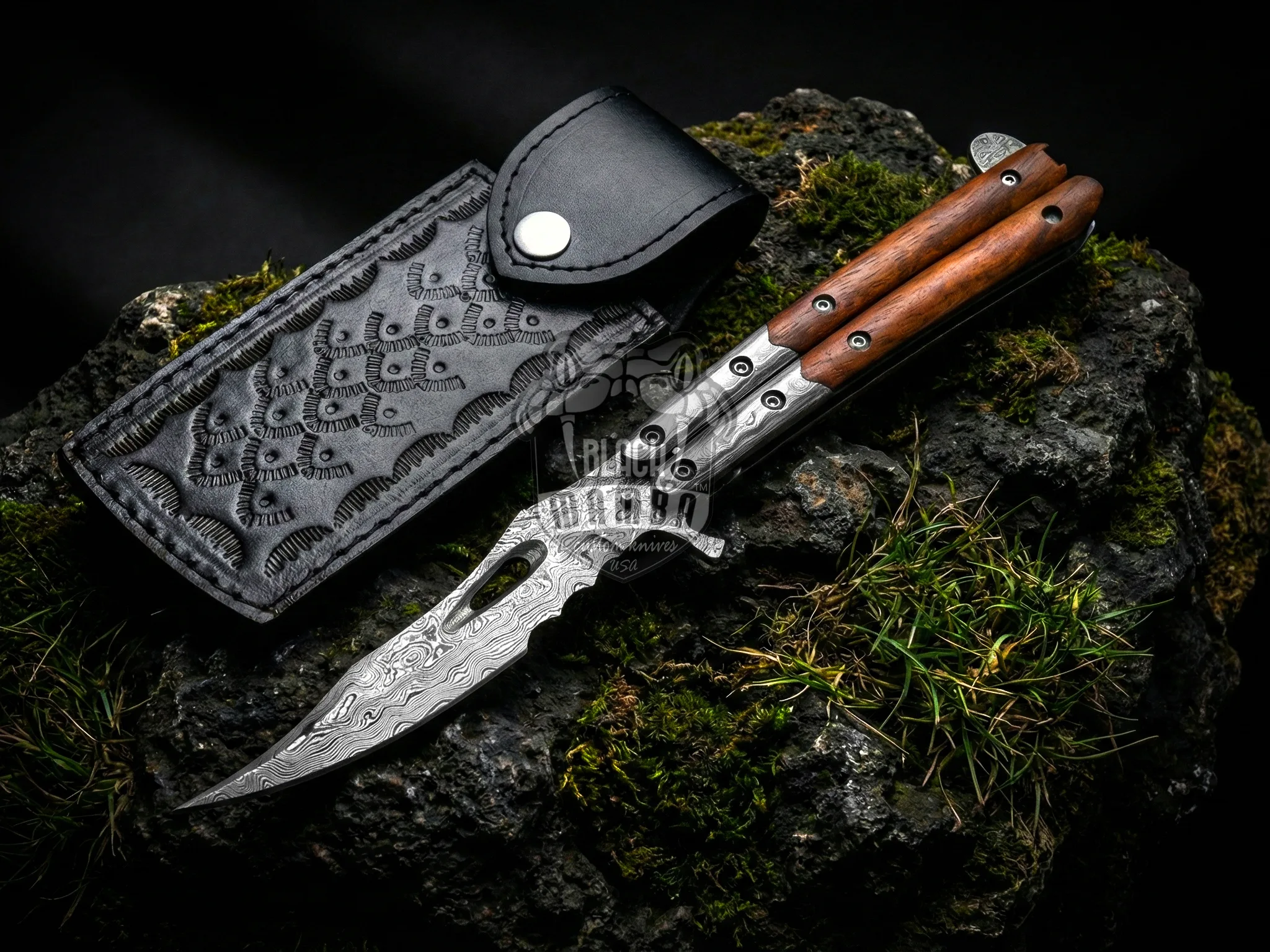 Damascus Filipino Balisong Butterfly Knife – Rose Wood, Steel Bolsters | BMK-726