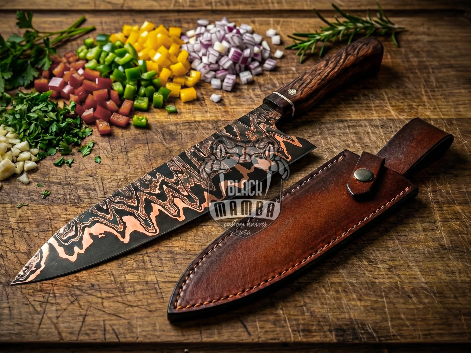 Copper – Damascus Chef Knife, 13″ Overall, Rose Wood Handle