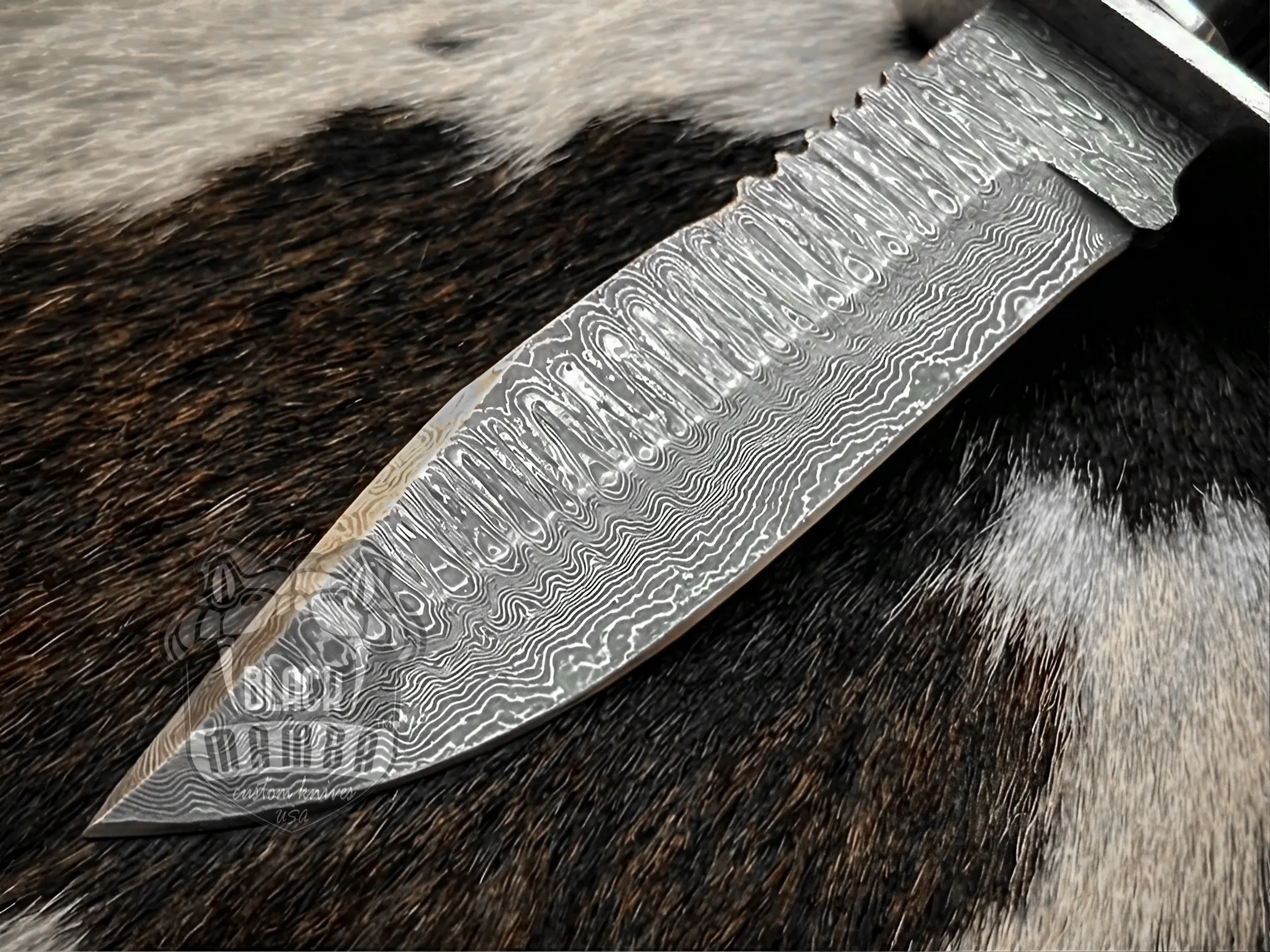 Damascus Hunting Knife, 12″ Overall, Buffalo Horn Handle - view 3