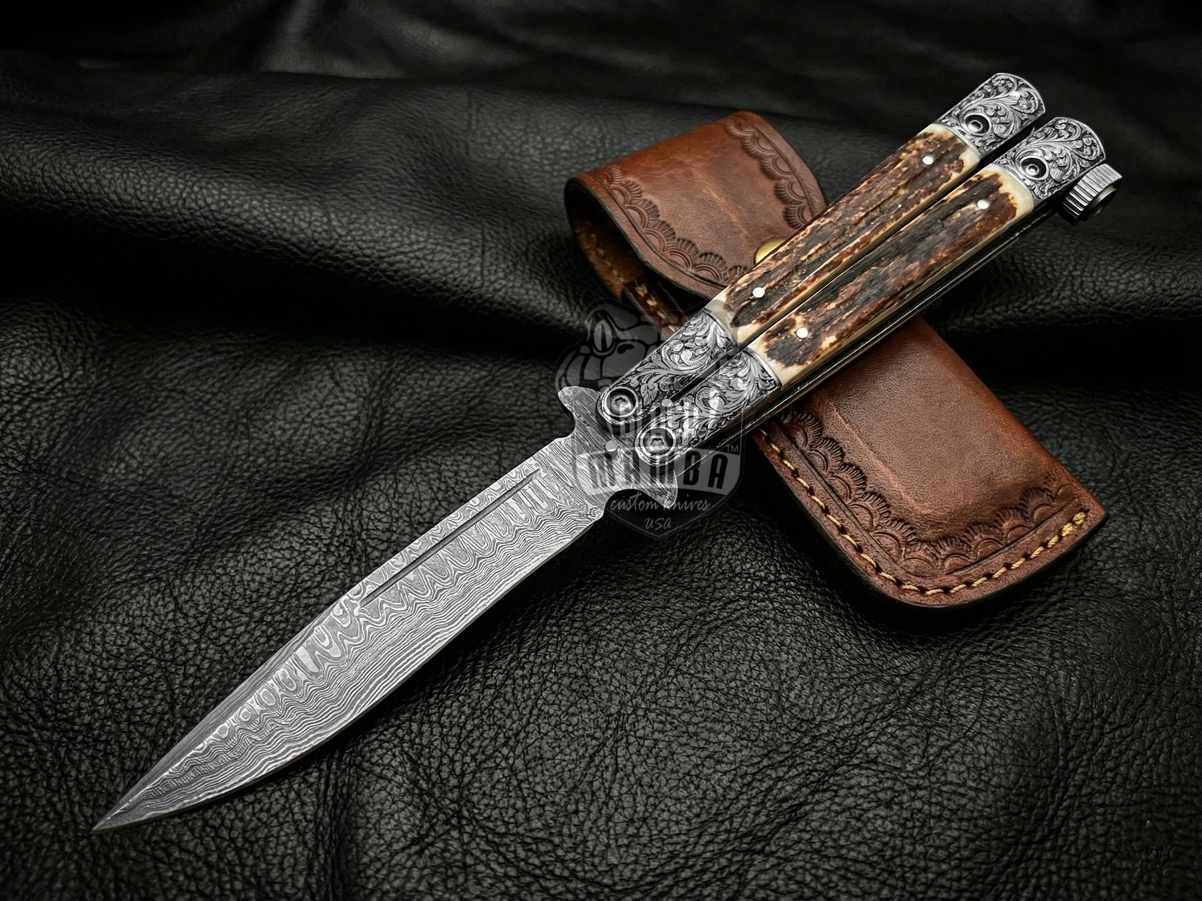 Damascus Balisong Butterfly Knife – Stag, Engraved Bolsters | BMK-721