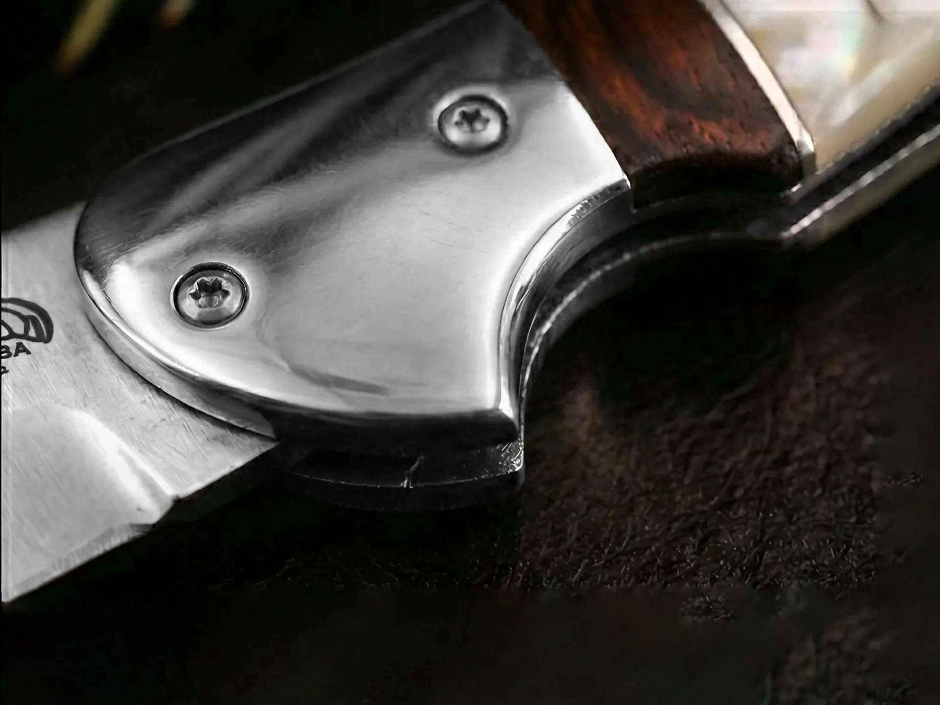 Handmade VG10 Stainless Steel Folding Knife Rose Wood, Pearl Shell & Steel Bolster Handle | Premium Folding Knife with Leather Sheath | BMK-717 - view 2