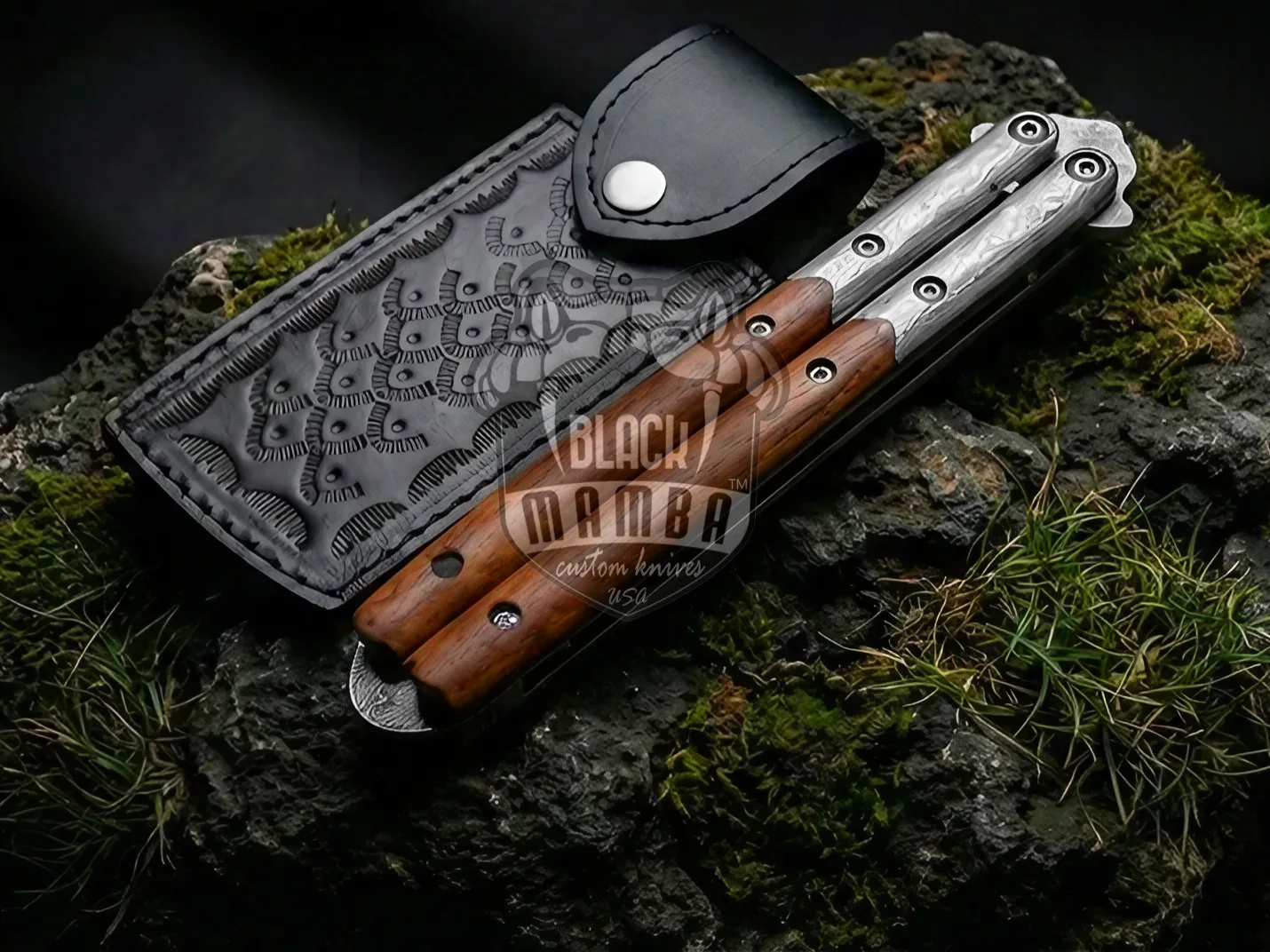 Damascus Filipino Balisong Butterfly Knife – Rose Wood, Steel Bolsters | BMK-726 - view 3