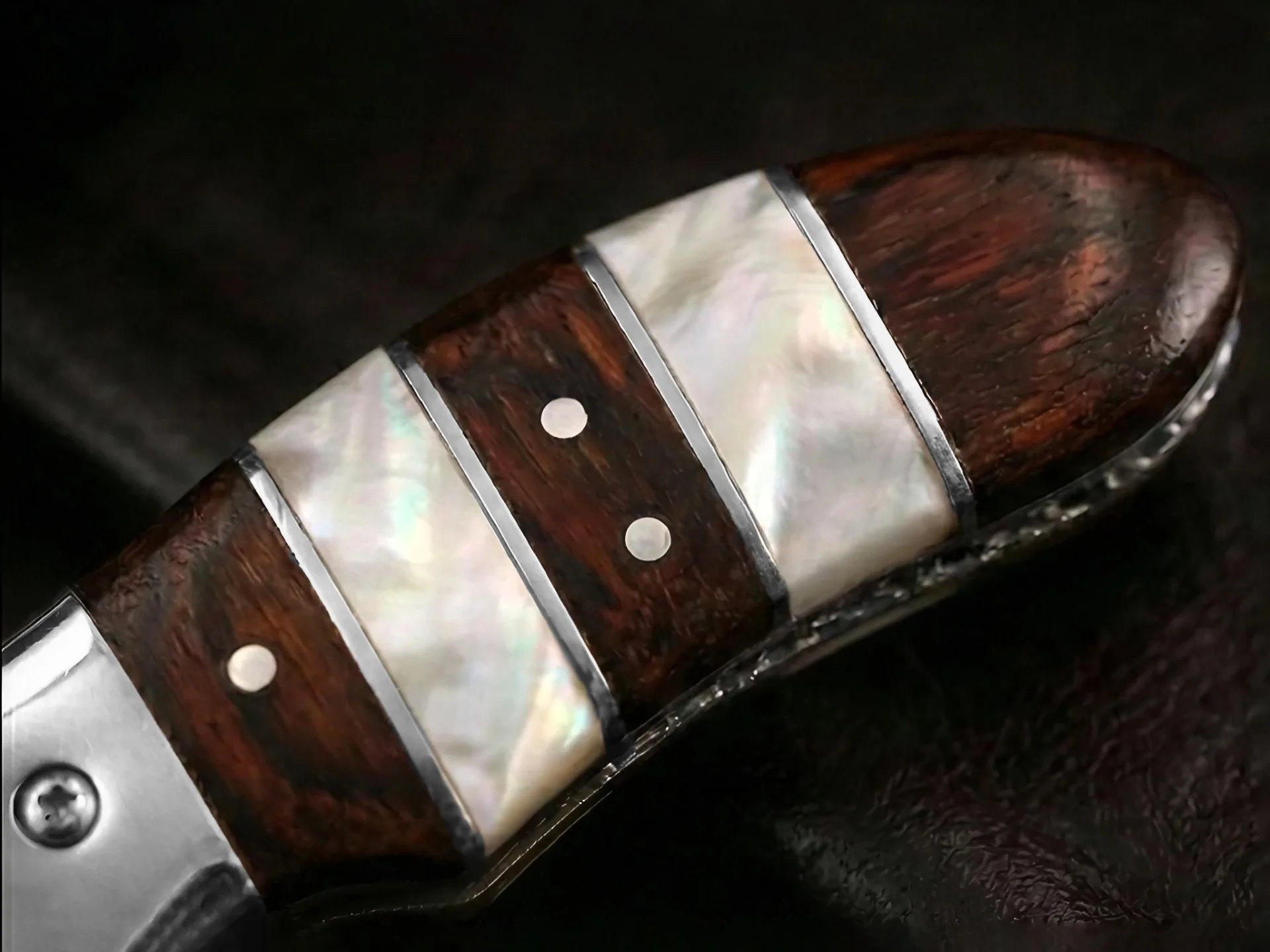Handmade VG10 Stainless Steel Folding Knife Rose Wood, Pearl Shell & Steel Bolster Handle | Premium Folding Knife with Leather Sheath | BMK-717 - view 3