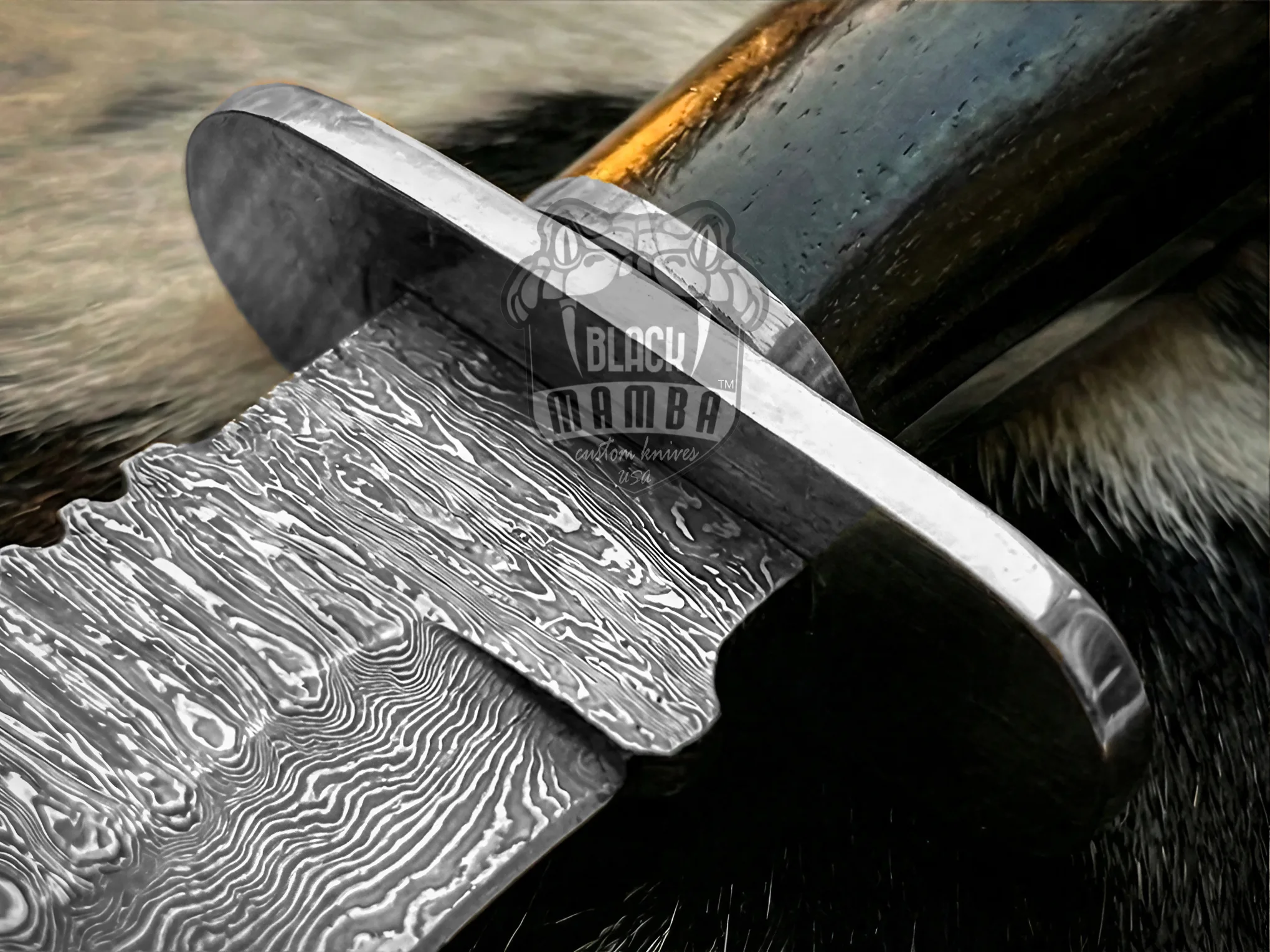Damascus Hunting Knife, 12″ Overall, Buffalo Horn Handle - view 4