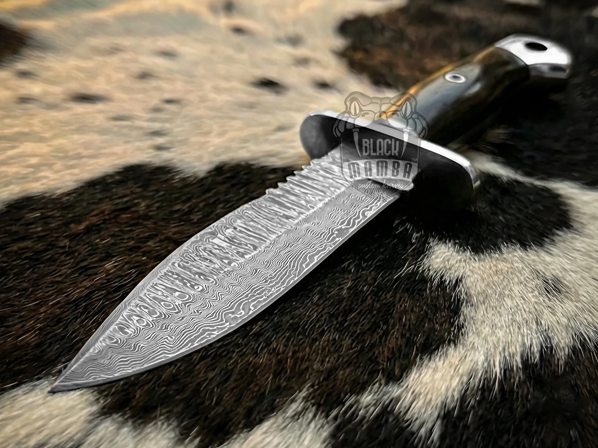 Damascus Hunting Knife, 12″ Overall, Buffalo Horn Handle - view 2