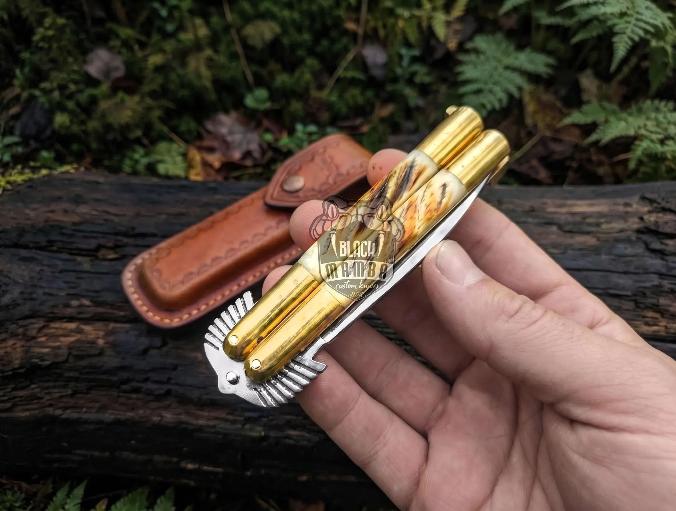 Handmade D2 Steel Balisong Drop Point Knife| Bone & Brass Bolster Handle | Premium Butterfly Knife with Leather Sheath | BMK-712 - view 2