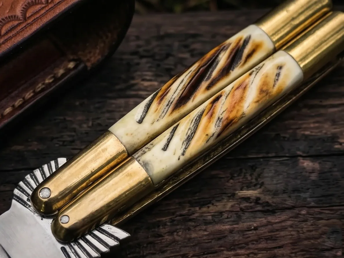 Handmade D2 Steel Balisong Drop Point Knife| Bone & Brass Bolster Handle | Premium Butterfly Knife with Leather Sheath | BMK-712 - view 3