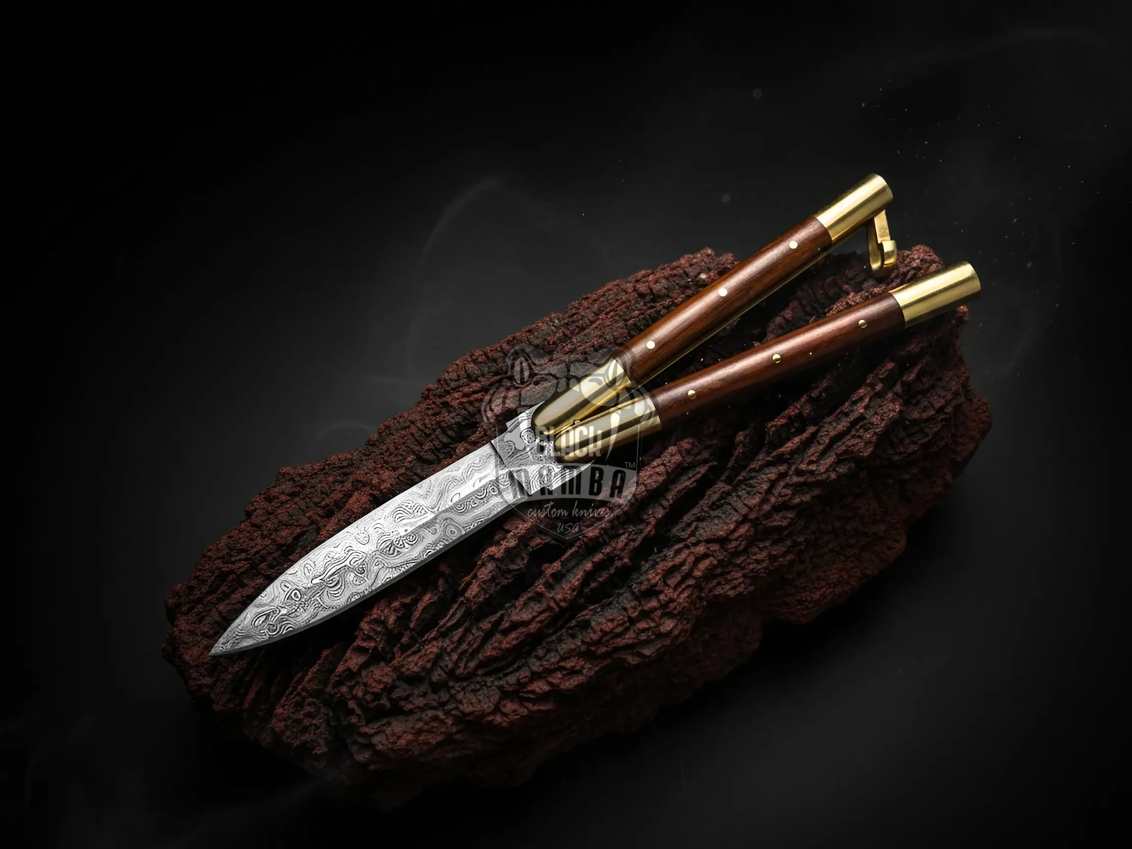 Damascus Filipino Balisong Butterfly Knife – Rose Wood, Brass Bolsters | BMK-725 - view 4