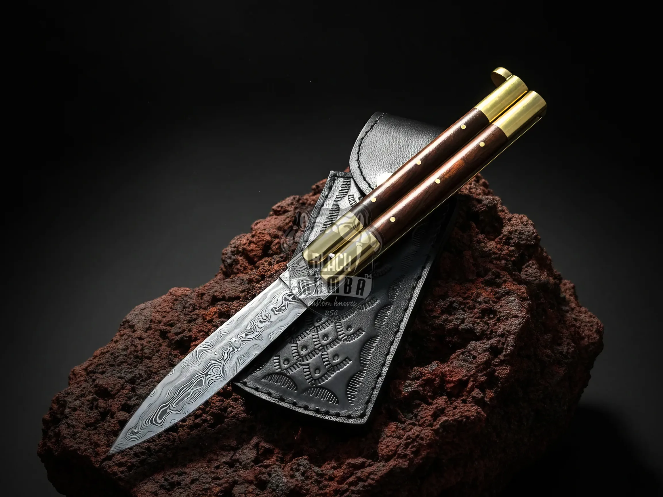 Damascus Filipino Balisong Butterfly Knife – Rose Wood, Brass Bolsters | BMK-725