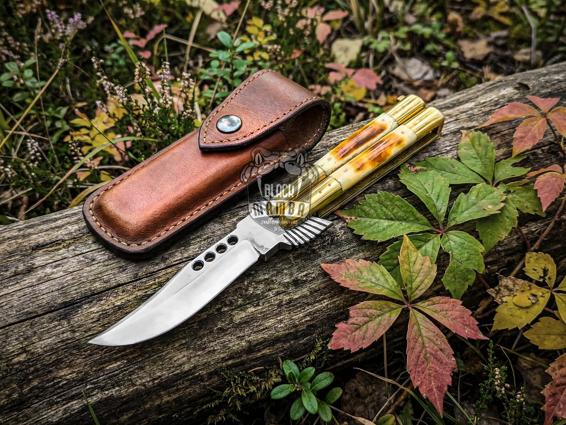 Handmade D2 Steel Balisong Knife | Bone & Brass Bolster Handle | Premium Butterfly Knife with Leather Sheath | BMK-714 - view 3
