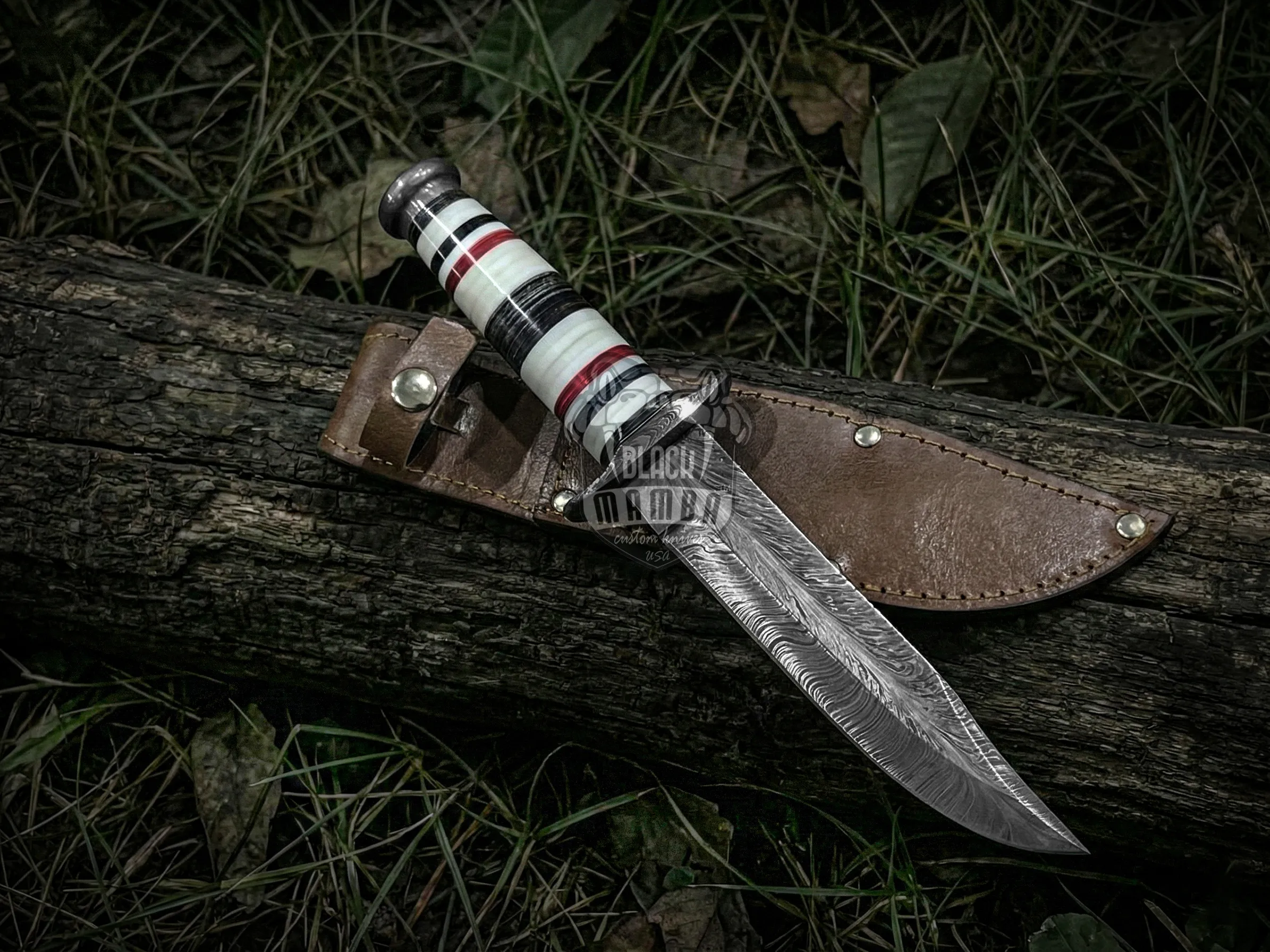 Handmade Damascus Feather Hunting Knife | Colorful Spacers Handle | Wooden Box | Premium Leather Sheath Personalized Gift | BMK-723 - view 3