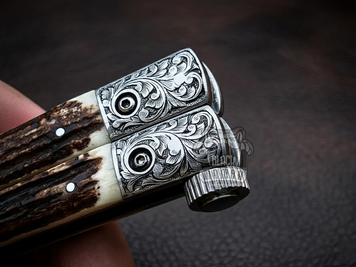 Damascus Balisong Butterfly Knife – Stag, Engraved Bolsters | BMK-721 - view 5
