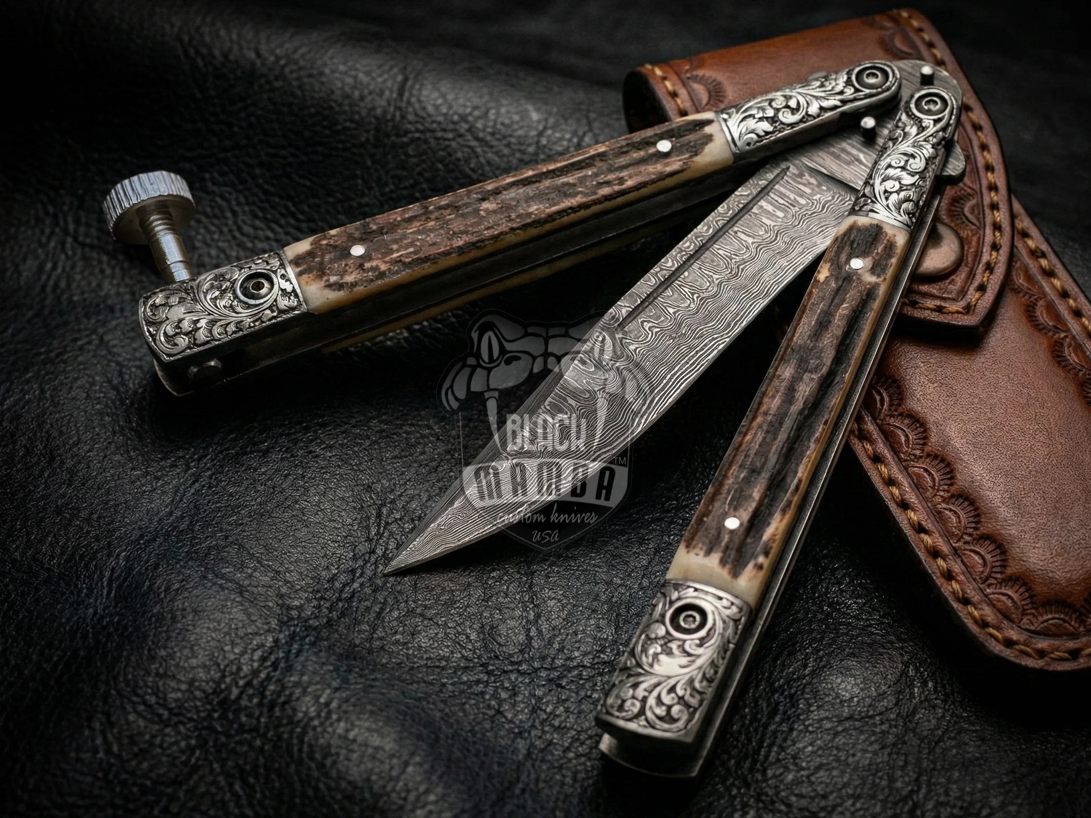 Damascus Balisong Butterfly Knife – Stag, Engraved Bolsters | BMK-721 - view 3
