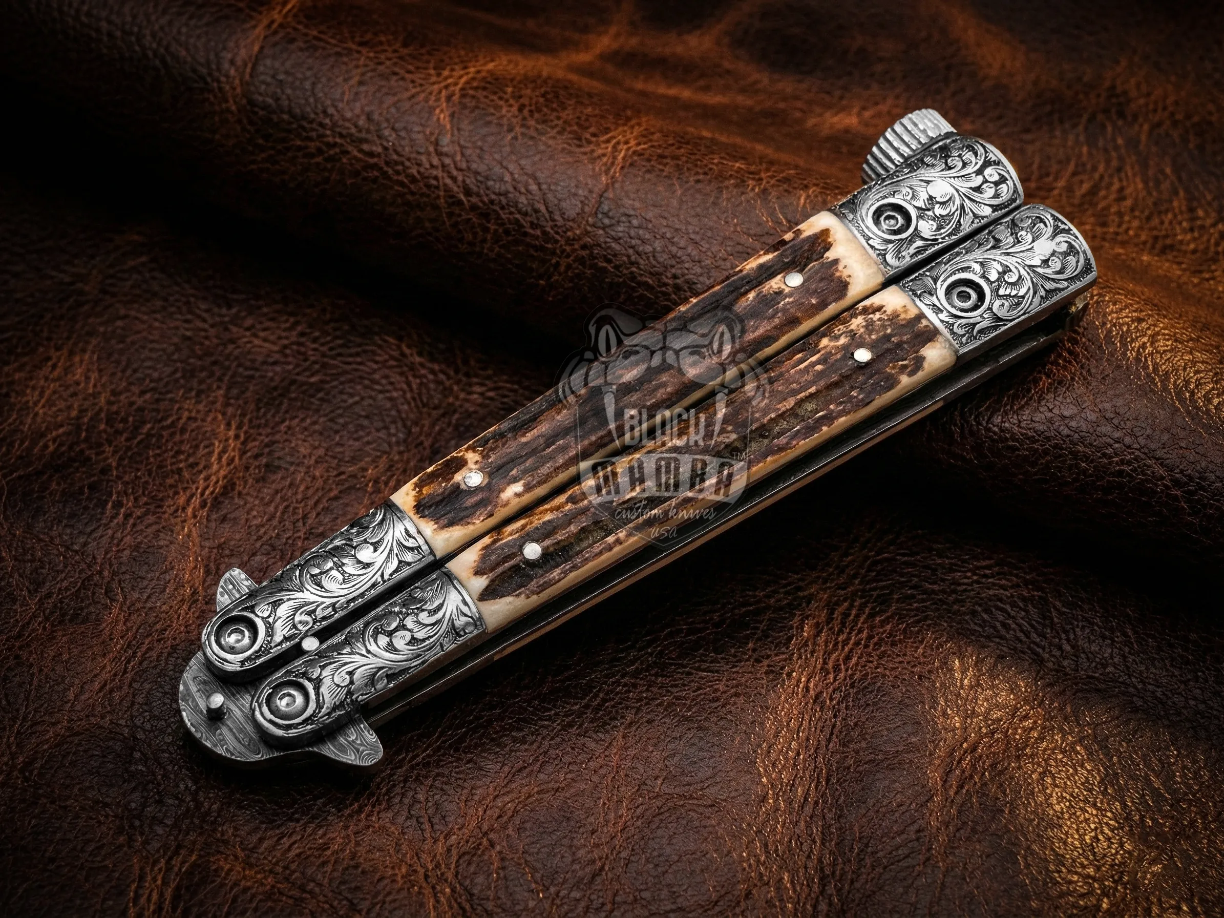 Handmade Damascus Steel Balisong Knife | Stag and Steel Engraved Bolster Handle | Premium Balisong Knife with Leather Sheath Personalized Gift | BMK-721 - view 6