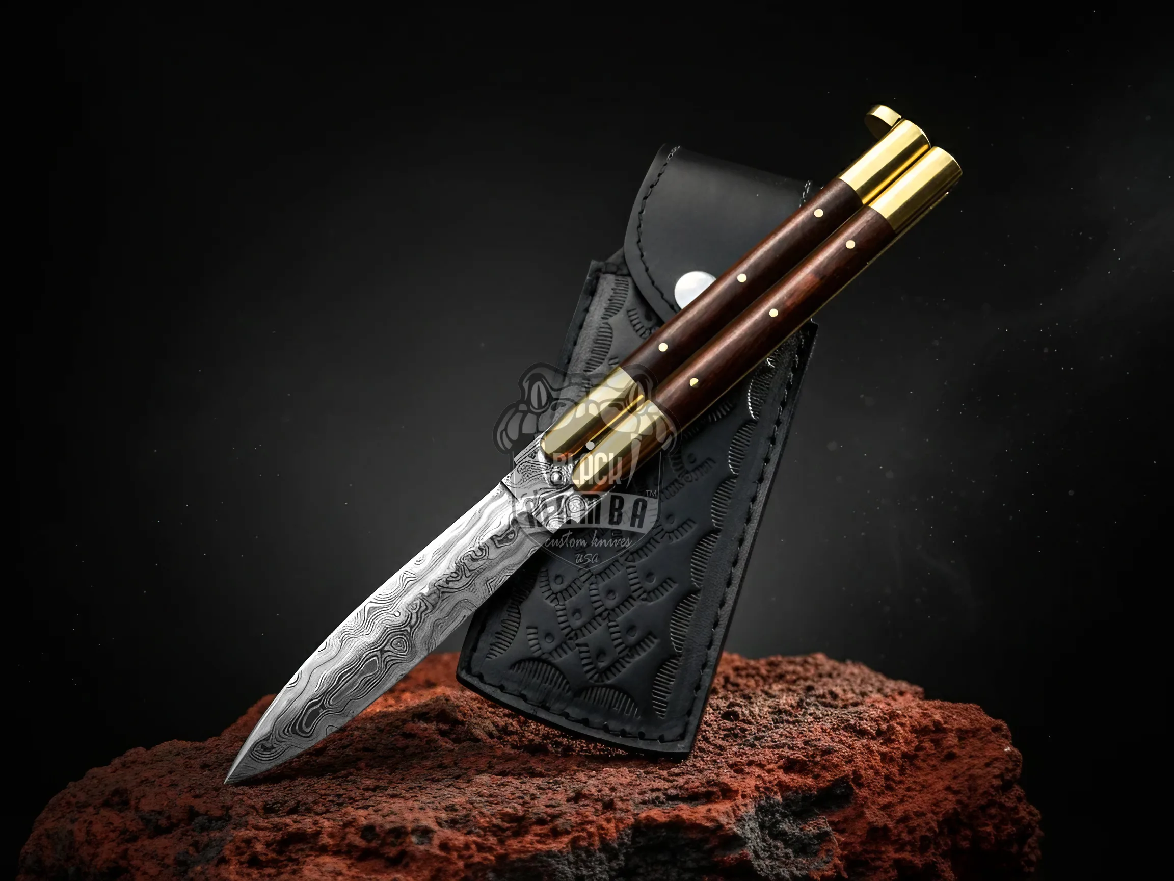Damascus Filipino Balisong Butterfly Knife – Rose Wood, Brass Bolsters | BMK-725 - view 5