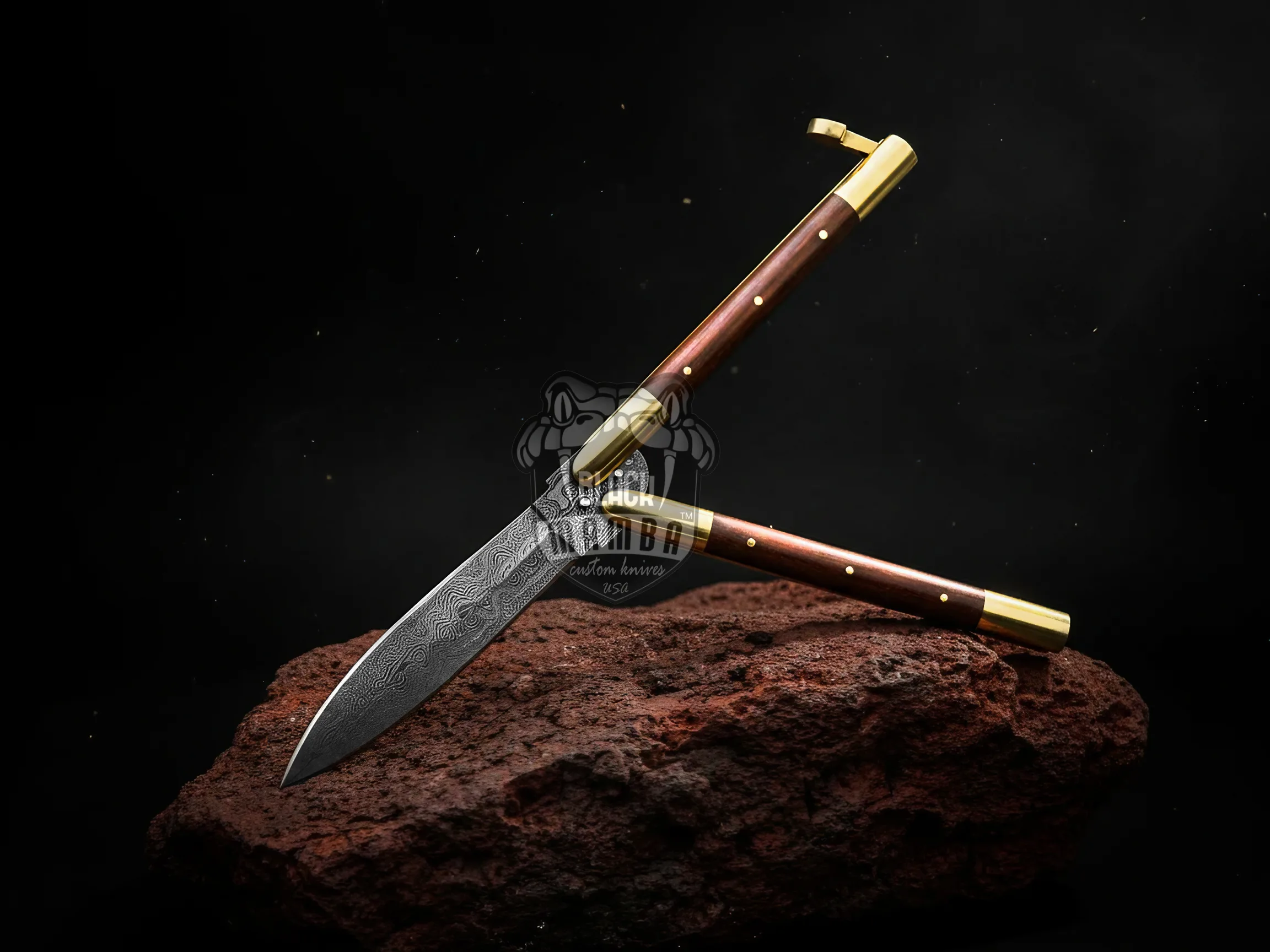 Damascus Filipino Balisong Butterfly Knife – Rose Wood, Brass Bolsters | BMK-725 - view 3