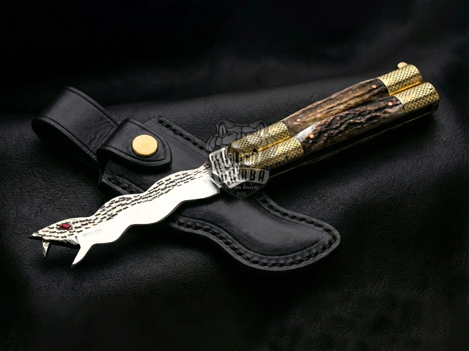 D2 Steel Balisong Butterfly Knife – Snake Blade, Stag Handle | BMK-708