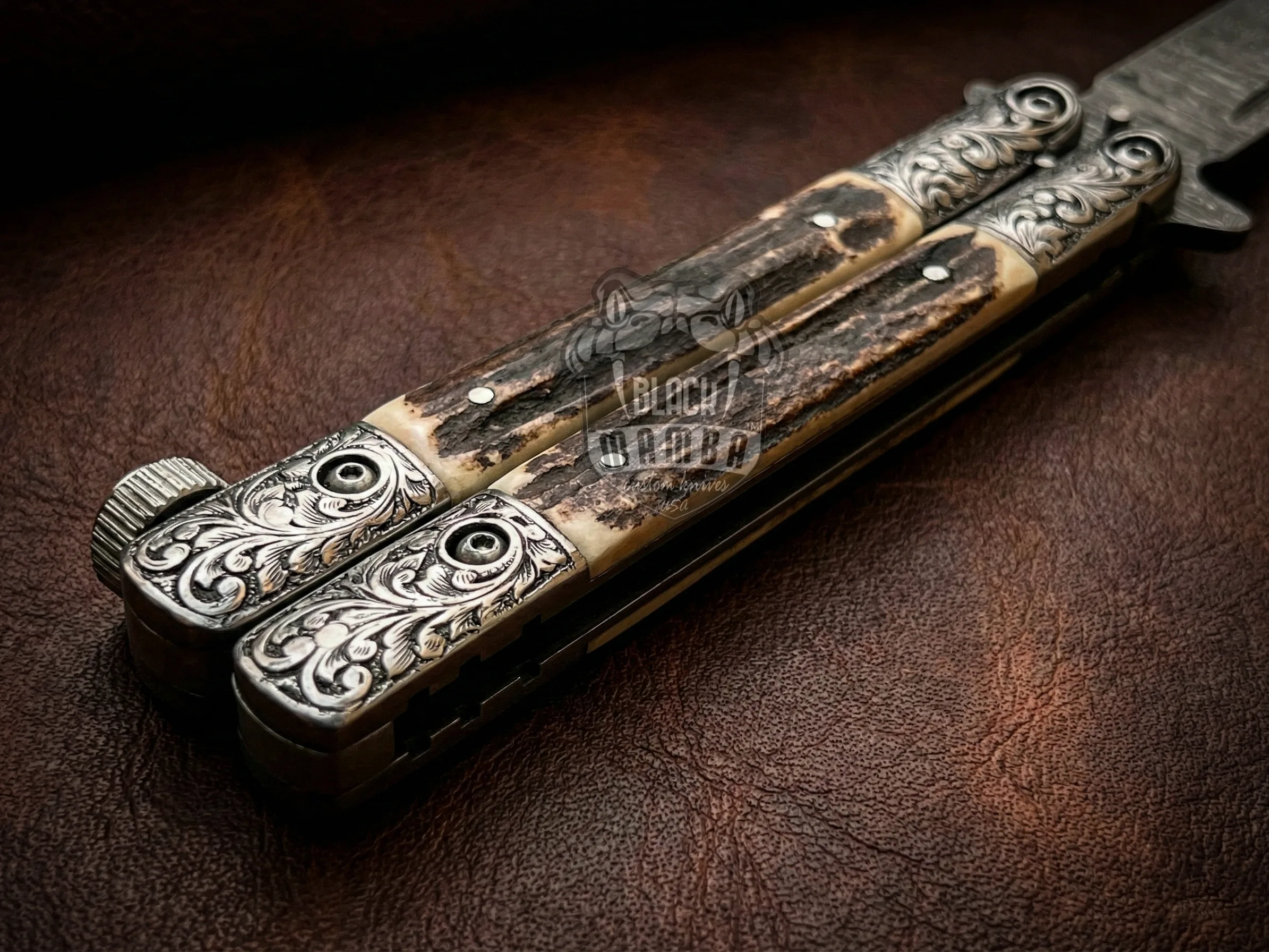 Damascus Balisong Butterfly Knife – Stag, Engraved Bolsters | BMK-721 - view 7