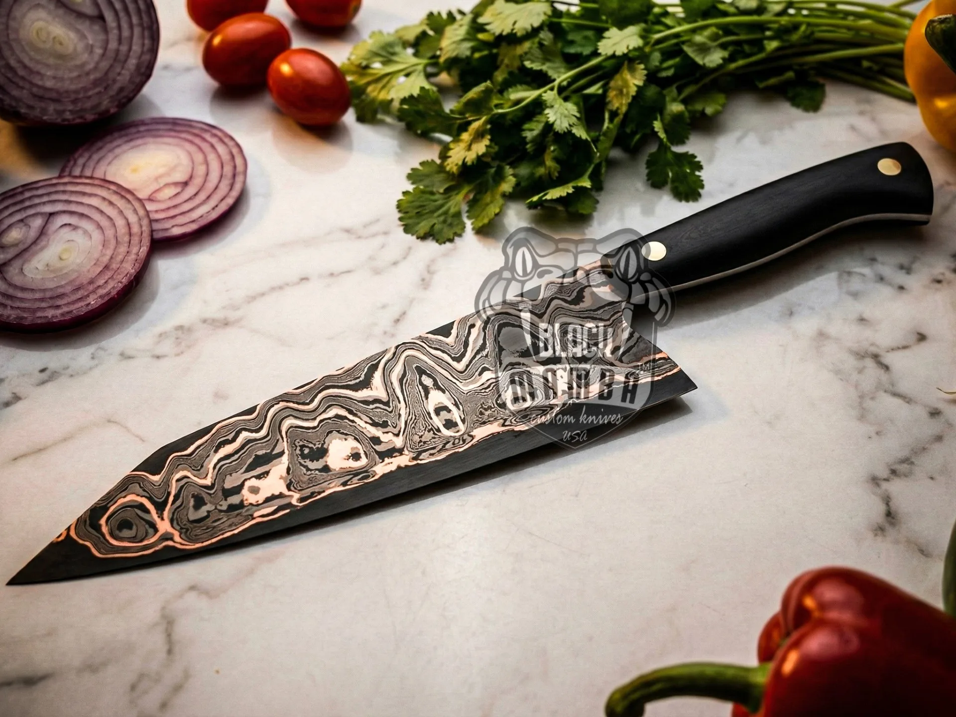 Copper – Damascus Chef Knife, 13″ Overall, Micarta Handle - view 2