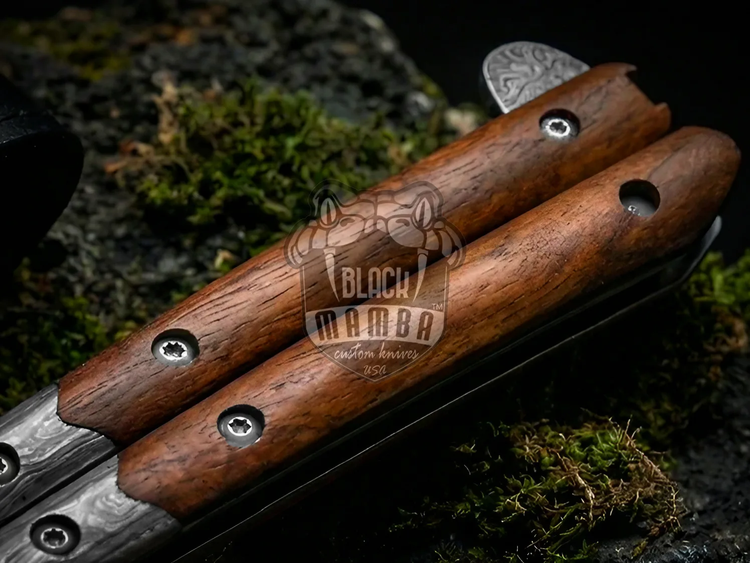 Damascus Filipino Balisong Butterfly Knife – Rose Wood, Steel Bolsters | BMK-726 - view 4