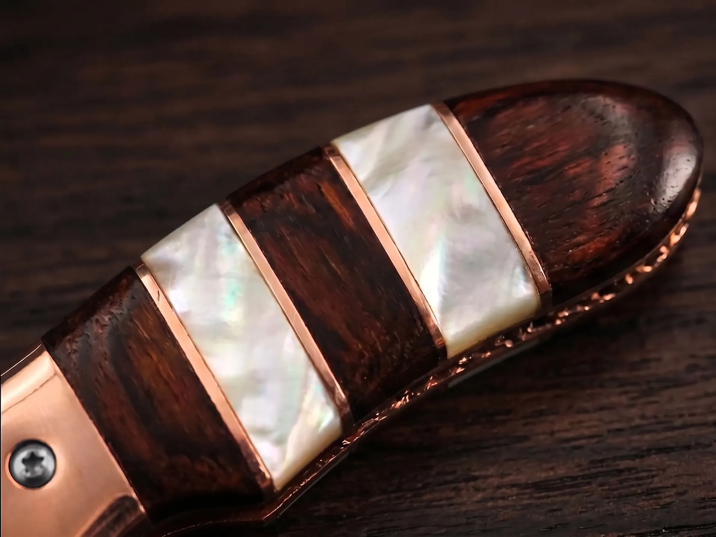 Handmade VG10 Stainless Steel Folding Knife Rosewood, Pearl Shell & Copper Bolster Handle | Premium Folding Knife with Leather Sheath | BMK-716 - view 4
