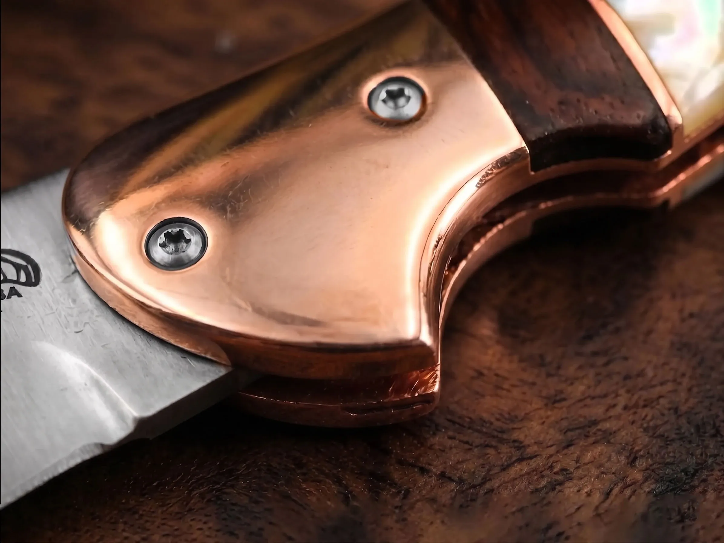 Handmade VG10 Stainless Steel Folding Knife Rosewood, Pearl Shell & Copper Bolster Handle | Premium Folding Knife with Leather Sheath | BMK-716 - view 5