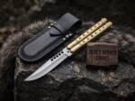 Handmade D2 Steel Balisong Knife with Brass Handle BMK-711 with its leather sheath