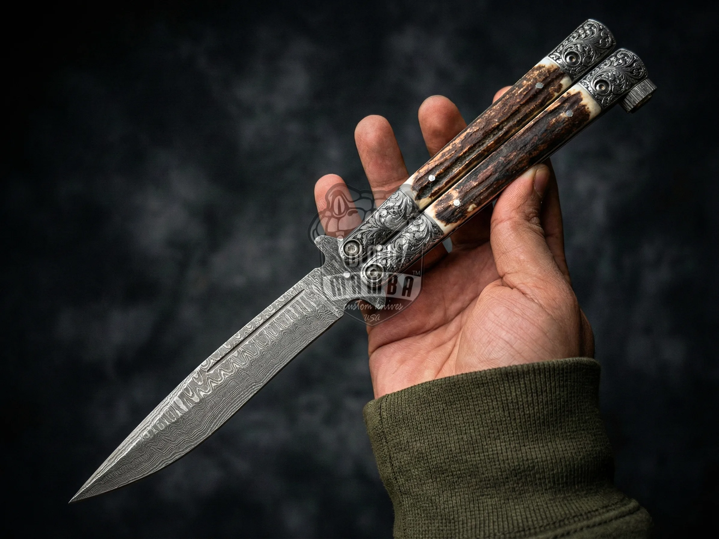 Damascus Balisong Butterfly Knife – Stag, Engraved Bolsters | BMK-721 - view 4