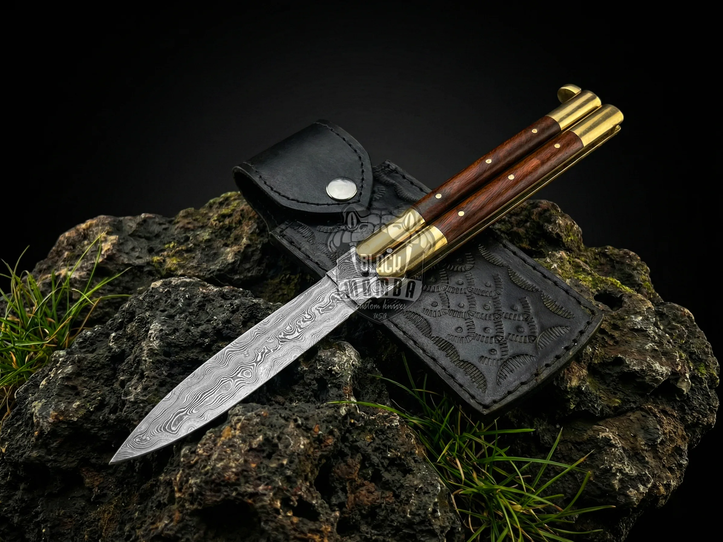 Damascus Filipino Balisong Butterfly Knife – Double Edge, Rose Wood | BMK-728A