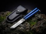 BMK-730 Handmade Damascus Steel Tanto Blade Balisong Knife | Blue Resin Handle | Premium Butterfly Knife with Leather Sheath