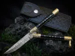 Filipino Balisong Butterfly Knife - Handmade Damascus Steel Balisong & | Black Horn & Brass Bolsters | Hand Engraved