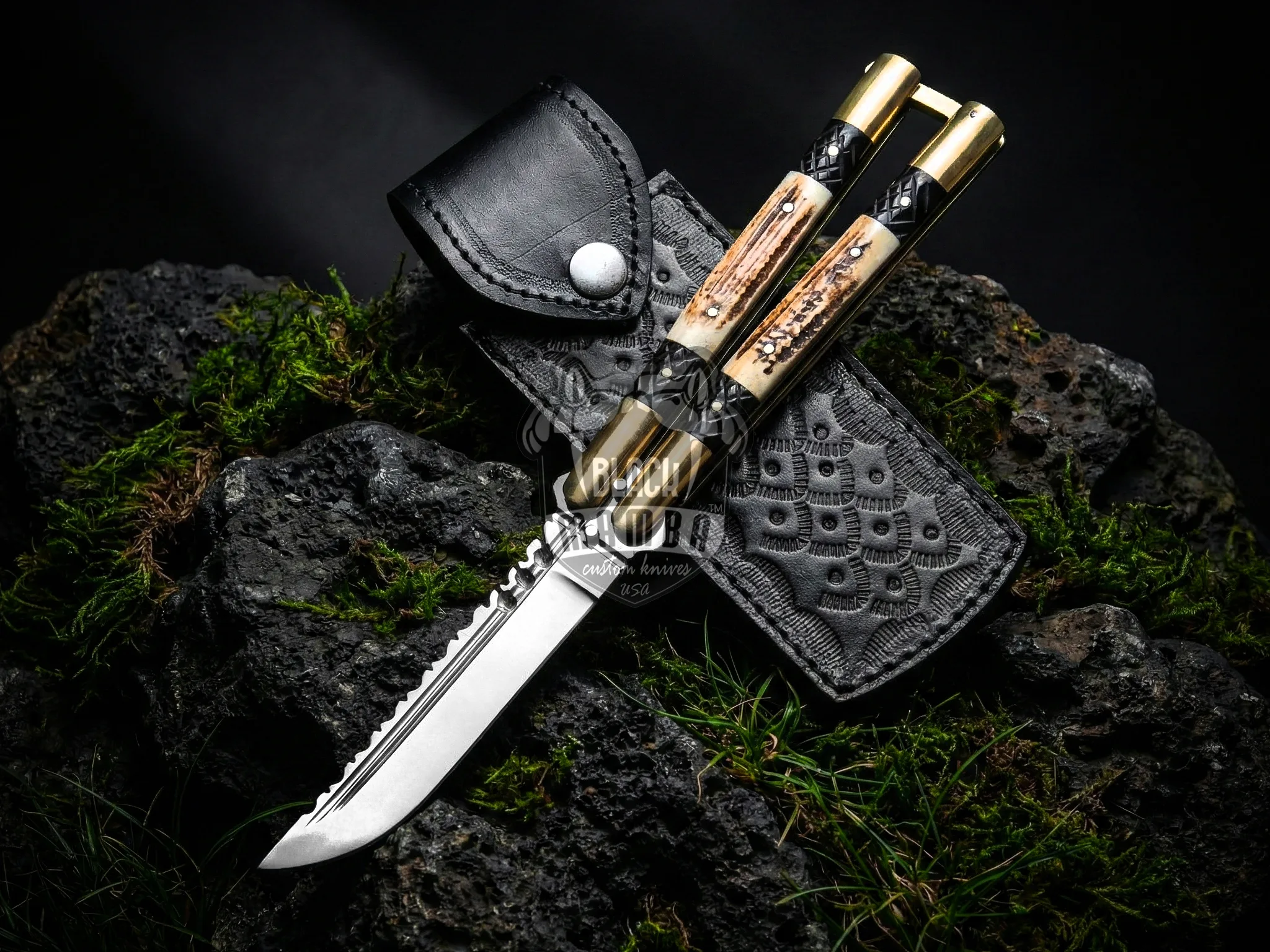 Filipino Balisong Butterfly Knife - Handmade D2 Steel Balisong & | Stag & Black Resin