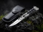 BMK-735 Handmade D2 Steel Balisong Knife | Black Horn & Steel Engraved Bolsters Handle | Premium Butterfly Knife with Leather Sheath