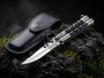 Filipino Balisong Butterfly Knife - Handmade D2 Steel Balisong & | Black Horn & Steel Engraved Bolsters