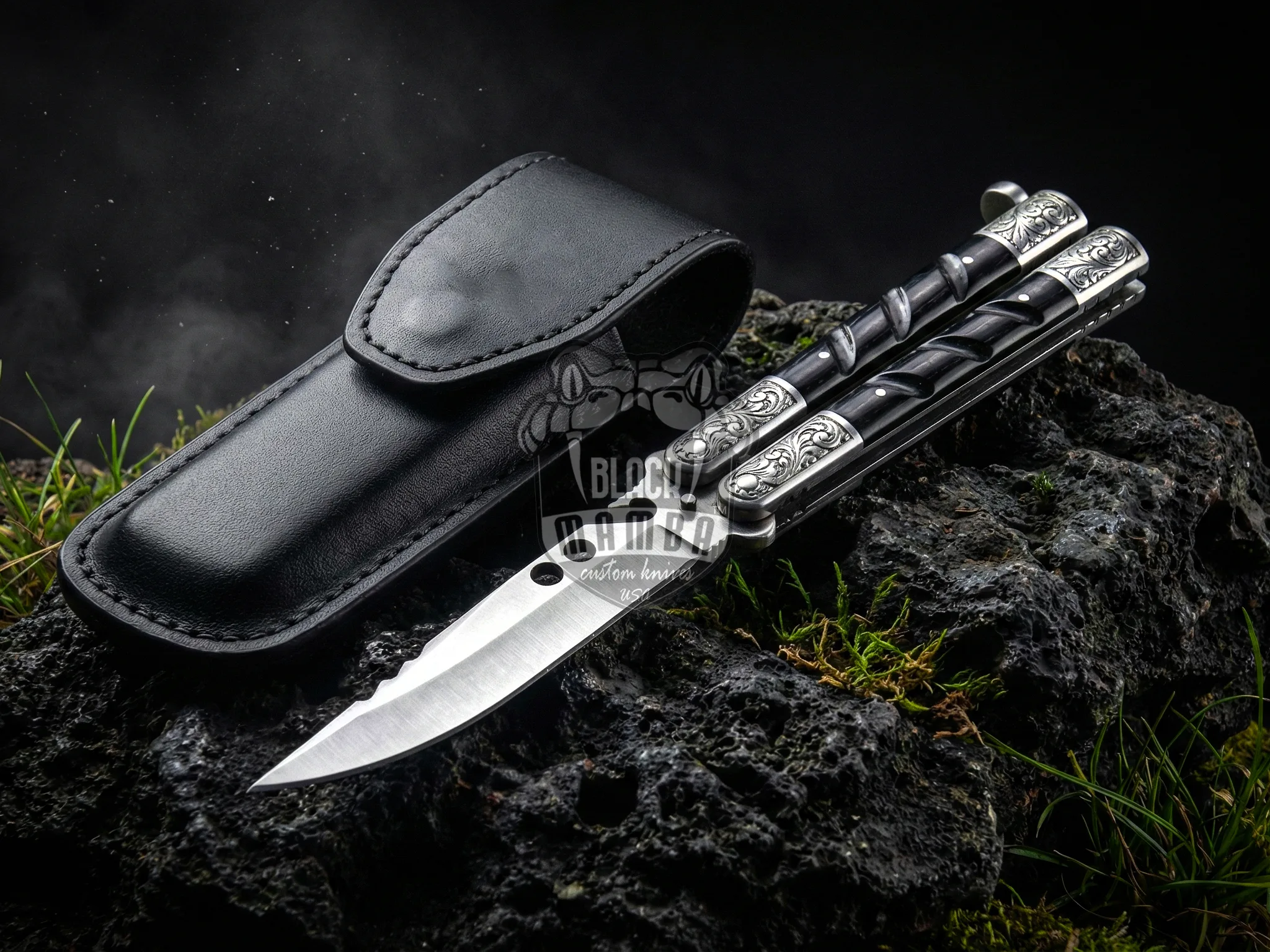 D2 Steel Balisong Butterfly Knife – Black Horn, Engraved Bolsters | BMK-735