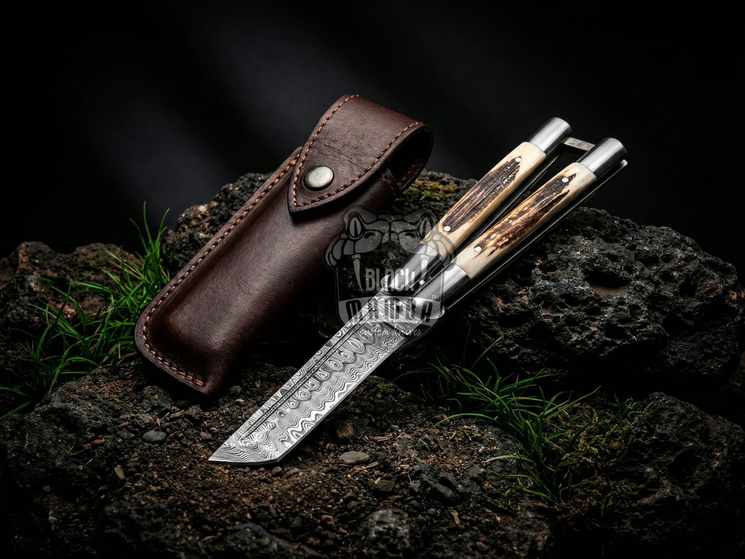 Damascus Balisong Butterfly Knife – Tanto Blade, Stag | BMK-738