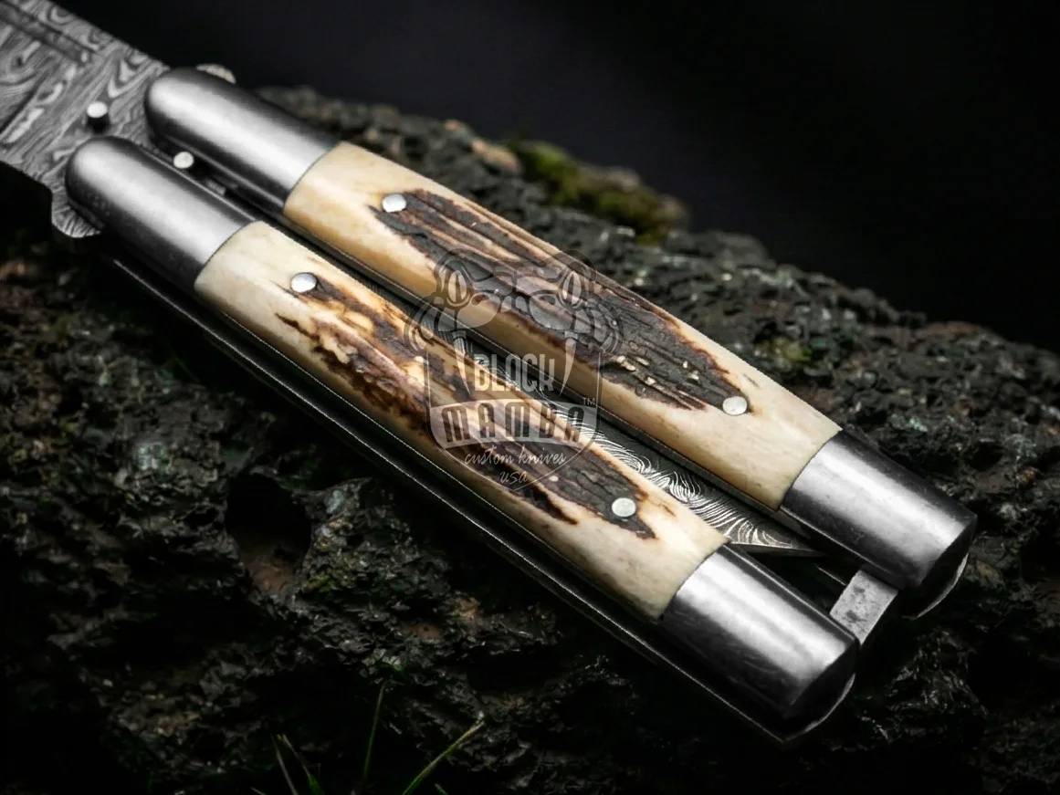 Damascus Balisong Butterfly Knife – Tanto Blade, Stag | BMK-738 - view 3