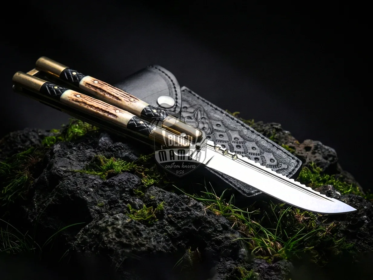 Filipino Balisong Butterfly Knife - Handmade D2 Steel Balisong & | Stag & Black Resin - view 5
