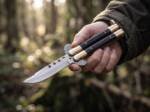 Handmade D2 Steel Balisong Knife Eagle Shape Blade | Black Horn & Brass Bolsters Handle | Premium Butterfly Knife with Leather Sheath | Personalized Gift | BMK-737