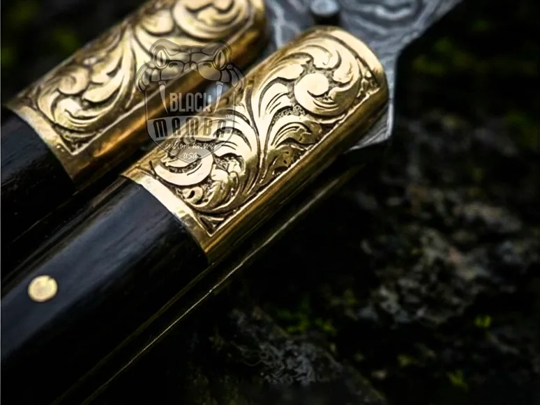 Handmade Damascus Steel Balisong Knife | Black Horn & Brass Bolsters | Hand Engraved Handle | Premium Butterfly Knife with Leather Sheath | Personalized Gift | BMK-733 - view 3