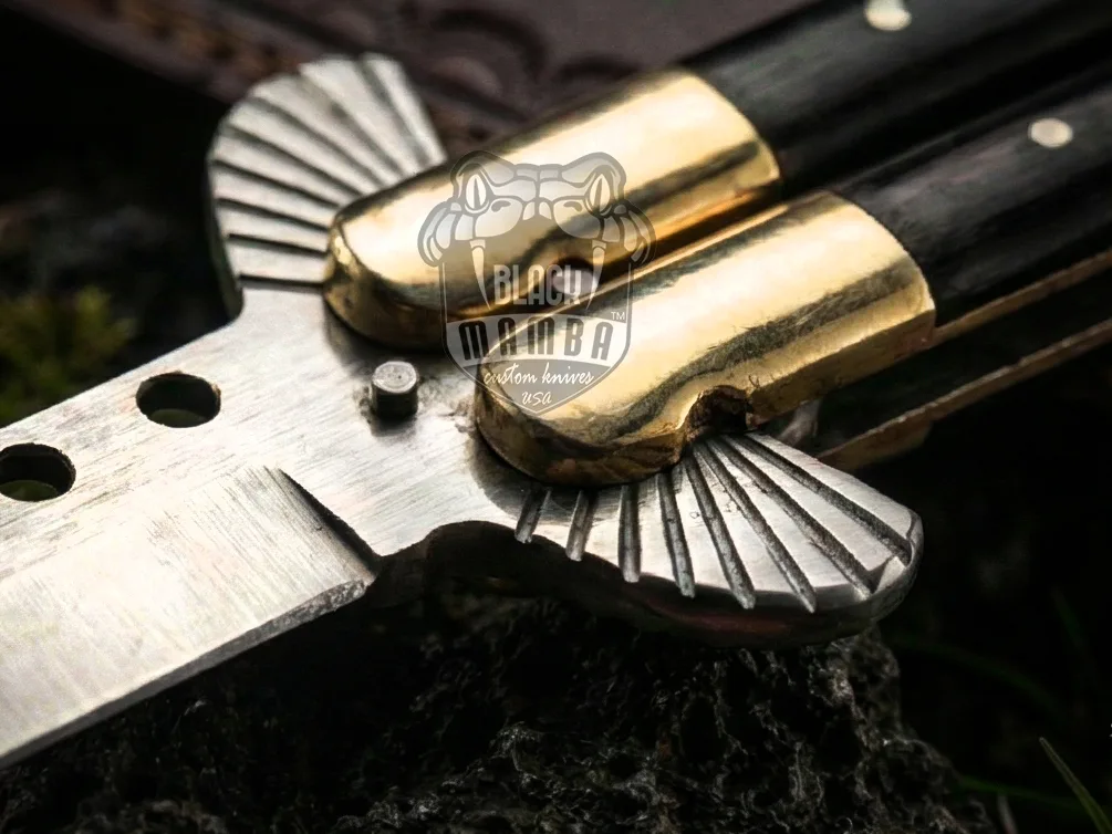 Handmade D2 Steel Balisong Knife Eagle Shape Blade | Black Horn & Brass Bolsters Handle | Premium Butterfly Knife with Leather Sheath | Personalized Gift for Him & Her | BMK-737 - view 4