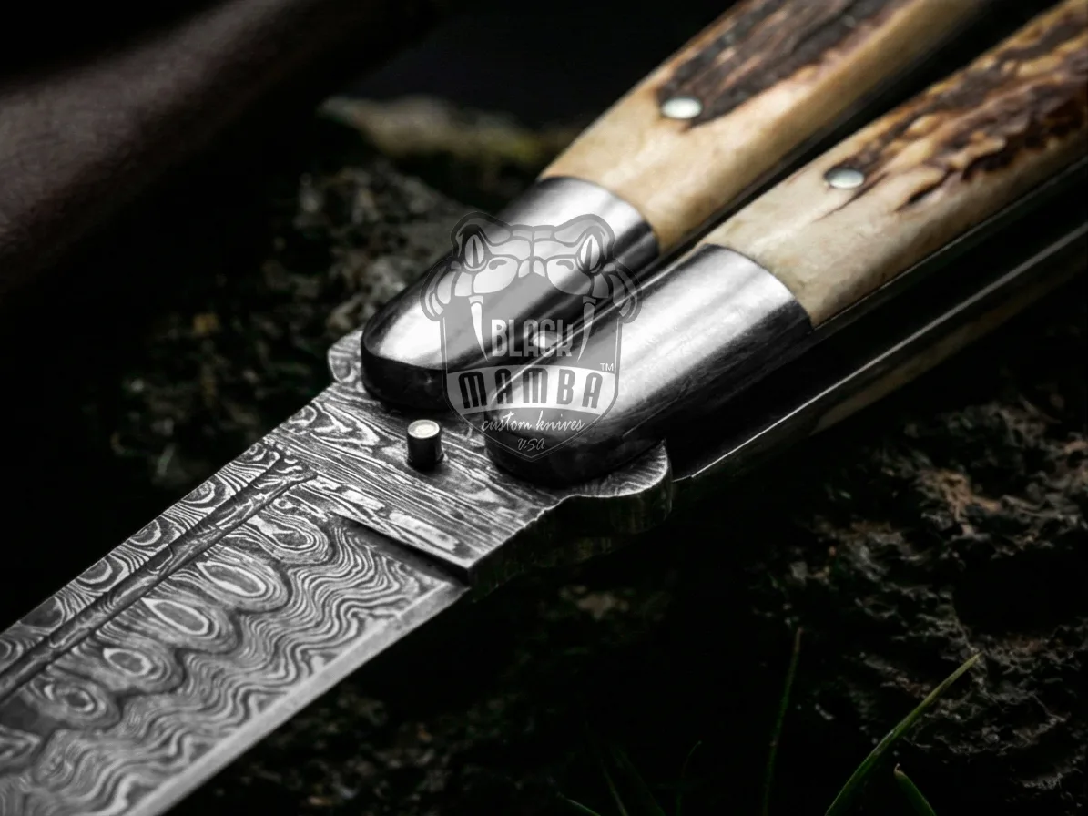 Damascus Balisong Butterfly Knife – Tanto Blade, Stag | BMK-738 - view 4