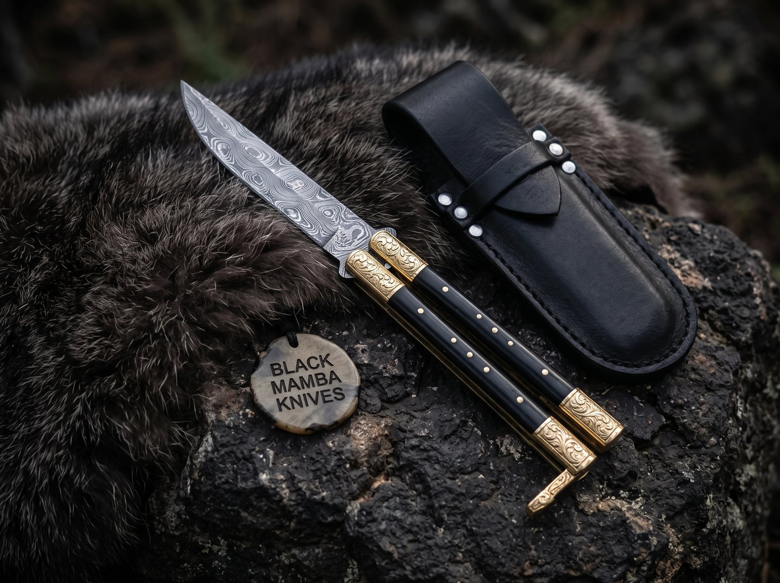Handmade Damascus Steel Balisong Knife | Black Horn & Brass Bolsters | Hand Engraved Handle | Premium Butterfly Knife with Leather Sheath | Personalized Gift | BMK-733 - Image 2