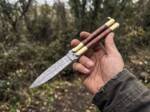 Handmade Damascus Steel Double Edge Balisong Knife | Rose Wood & Brass Bolster Handle | Premium Butterfly Knife with Leather Sheath Personalized Gift | BMK-729