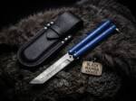 Handmade Damascus Steel Tanto Blade Balisong Knife | Blue Resin Handle | Premium Butterfly Knife with Leather Sheath | BMK-730