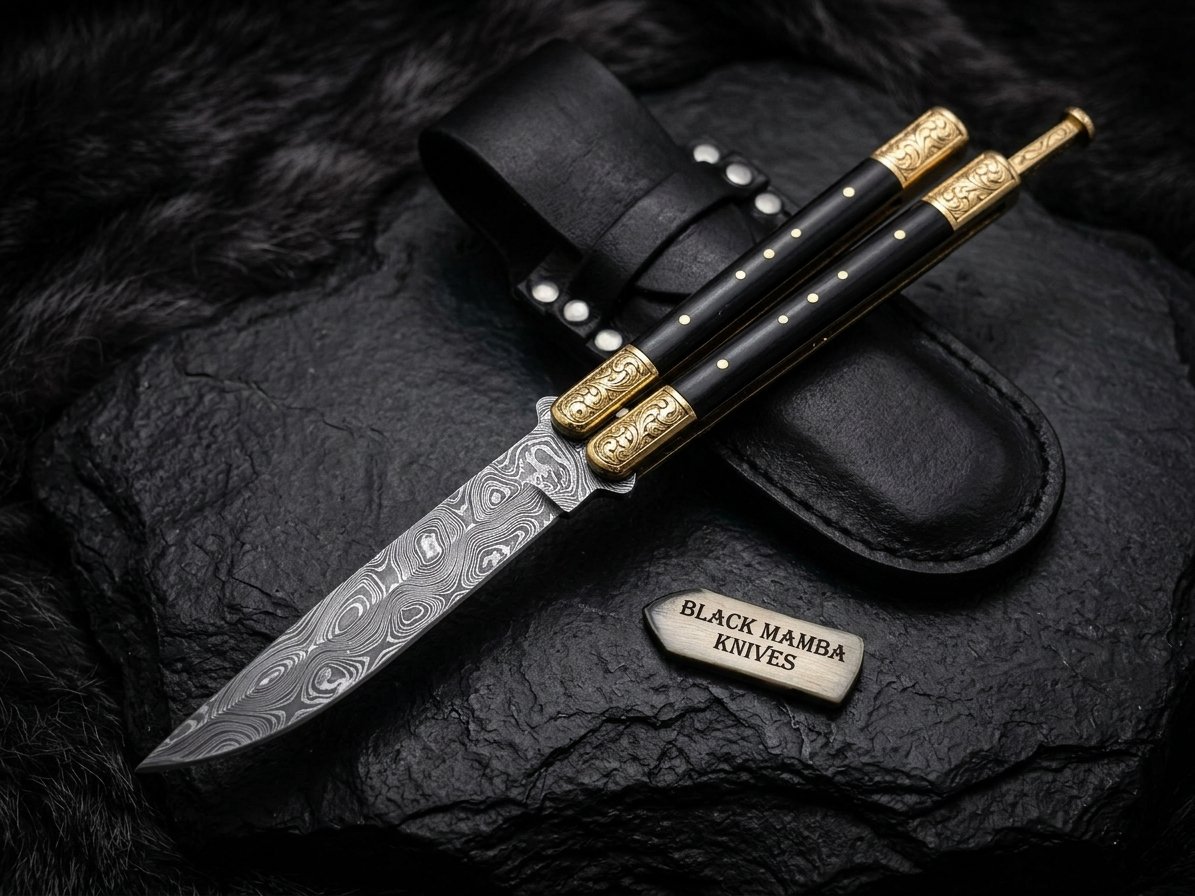 Handmade Damascus Steel Balisong Knife | Black Horn & Brass Bolsters | Hand Engraved Handle | Premium Butterfly Knife with Leather Sheath | Personalized Gift | BMK-733 - Image 3